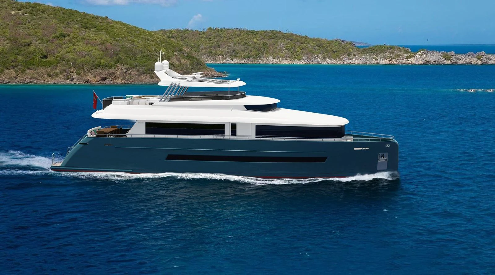 A sleek and modern yacht cruises through clear blue waters near a lush island. aboard STELLARONE ST88/01 Yacht for Sale