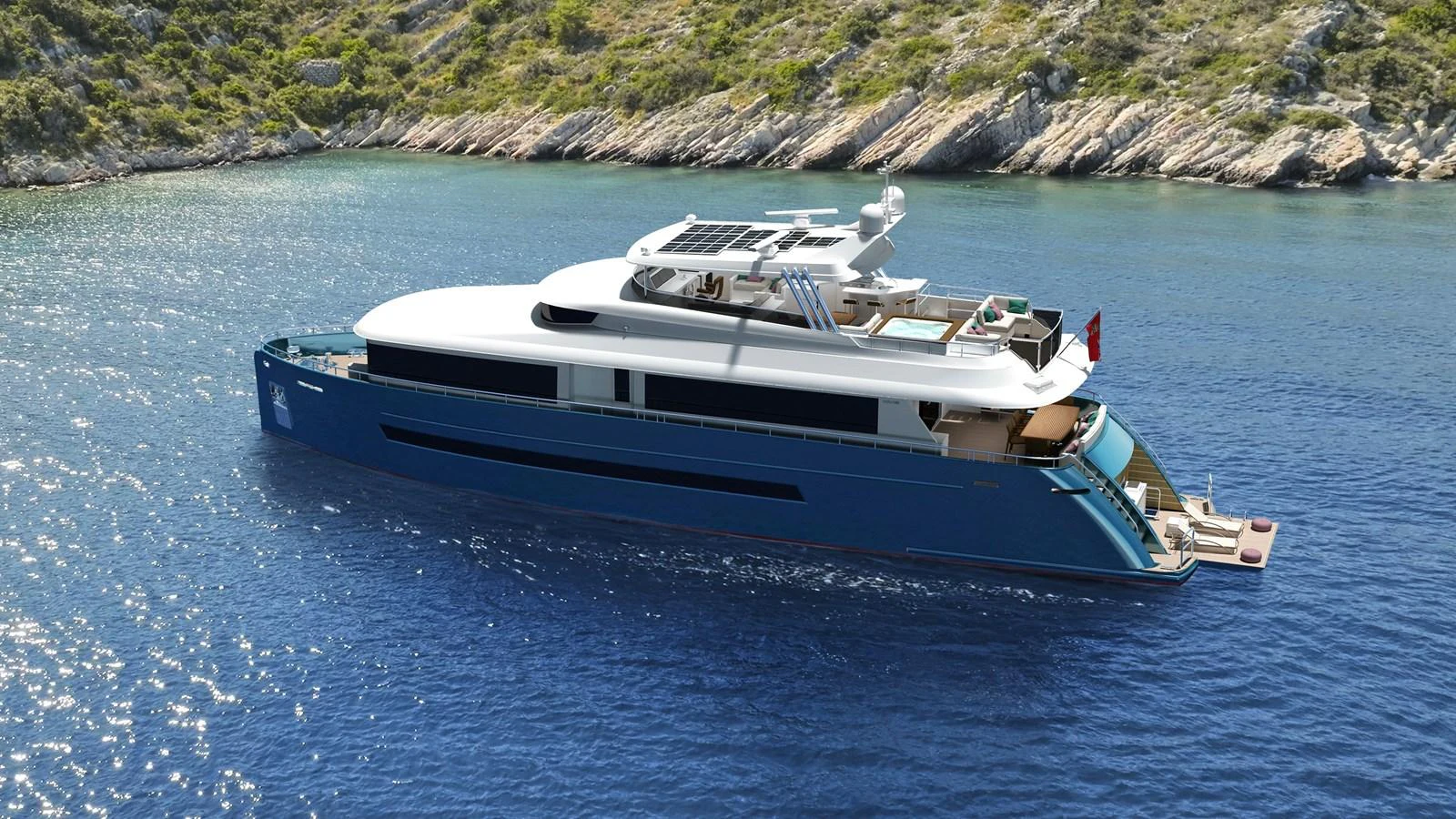A sleek and modern yacht glides gracefully on serene blue waters near a rocky shoreline. aboard STELLARONE ST88/01 Yacht for Sale