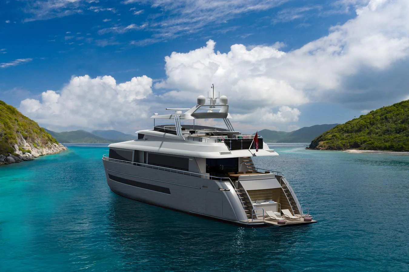 A sleek yacht is anchored in a serene bay with lush green hills and clear blue waters. aboard STELLARONE ST88/01 Yacht for Sale