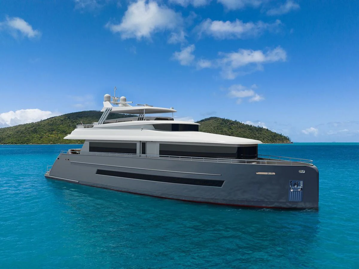 A sleek and modern yacht cruising in clear blue waters under a bright sky. aboard STELLARONE ST88/01 Yacht for Sale