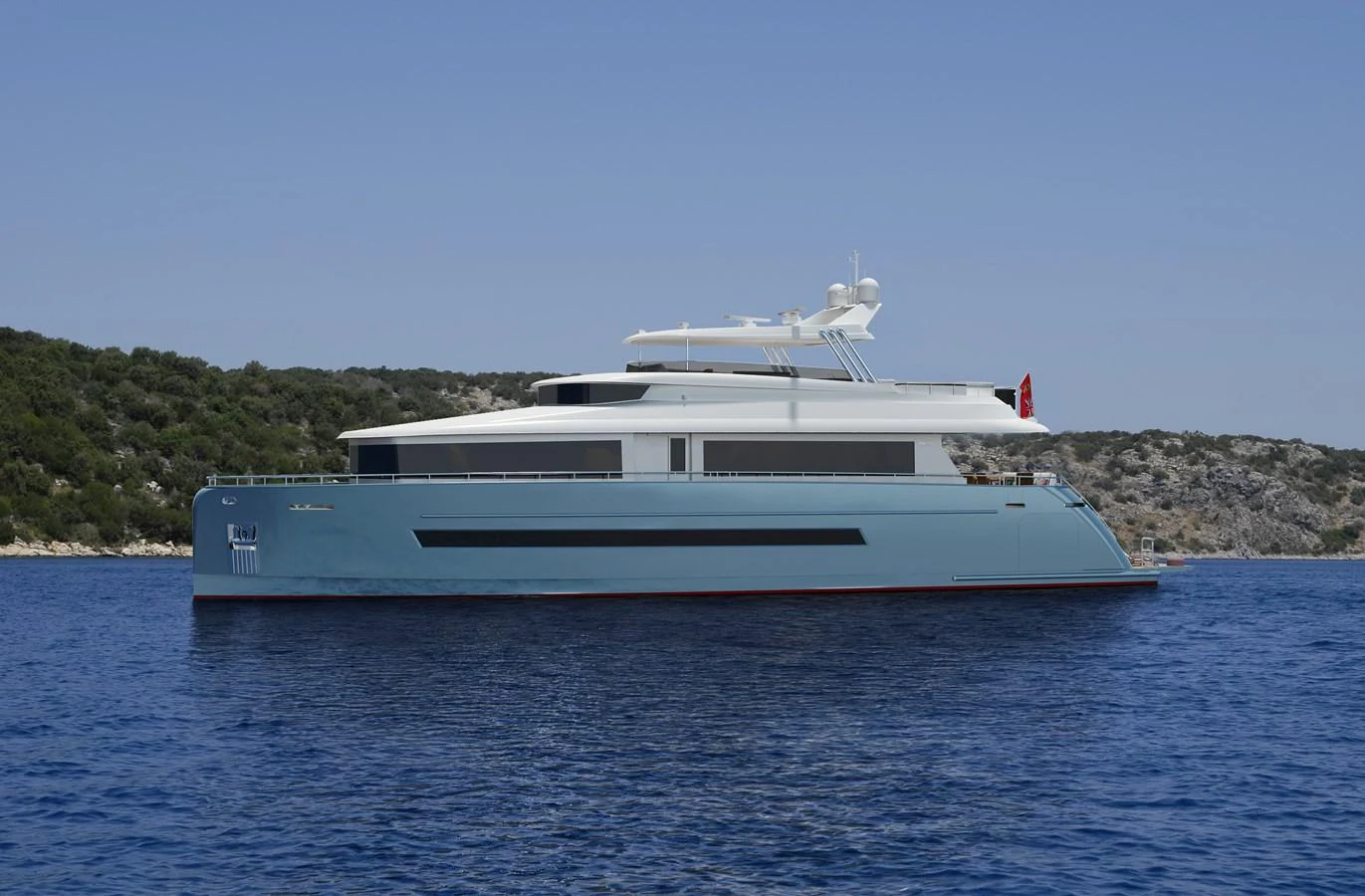 A sleek and modern yacht glides gracefully on calm blue waters with a scenic coastline in the background. aboard STELLARONE ST88/01 Yacht for Sale