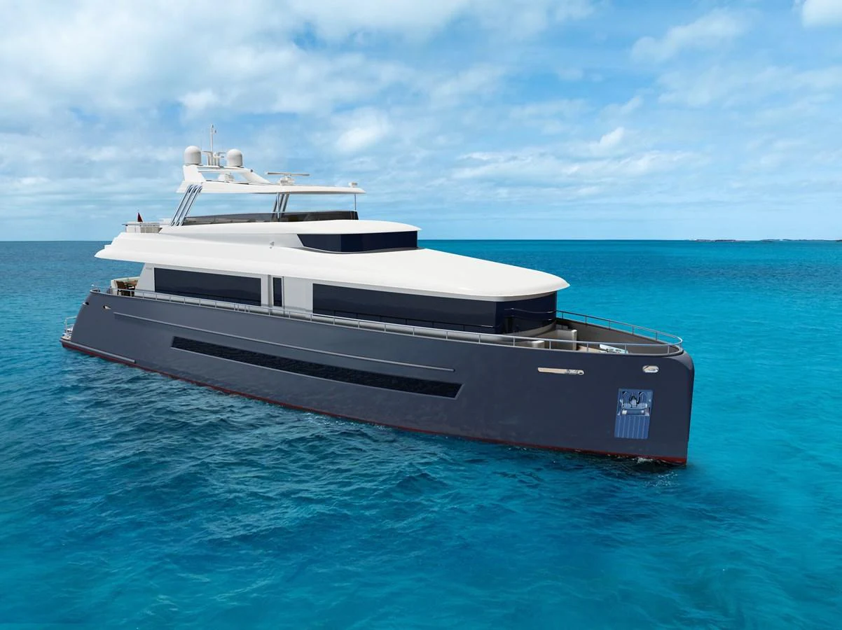 A sleek and modern yacht glides gracefully on the open sea under a clear blue sky. aboard STELLARONE ST88/01 Yacht for Sale
