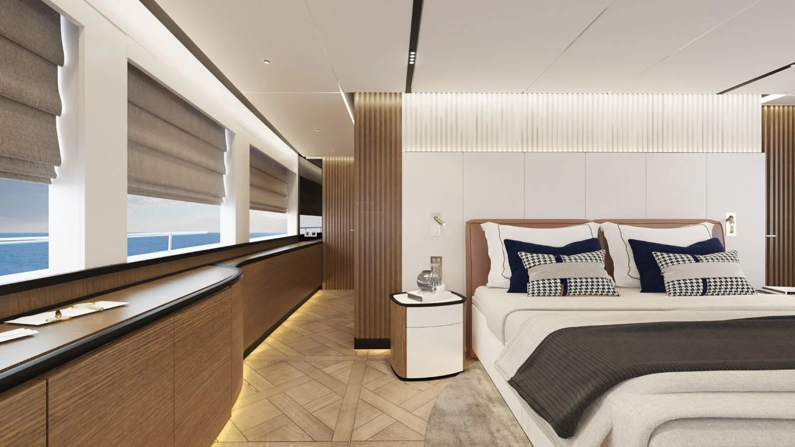 The master stateroom features elegant decor with large windows offering stunning sea views. aboard STELLARONE ST88/01 Yacht for Sale