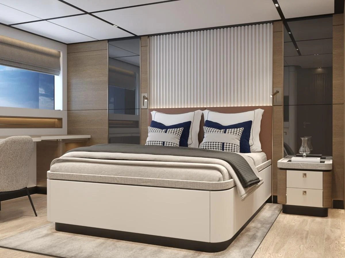 The stateroom features a luxurious bed with elegant decor and ample natural light. aboard STELLARONE ST88/01 Yacht for Sale