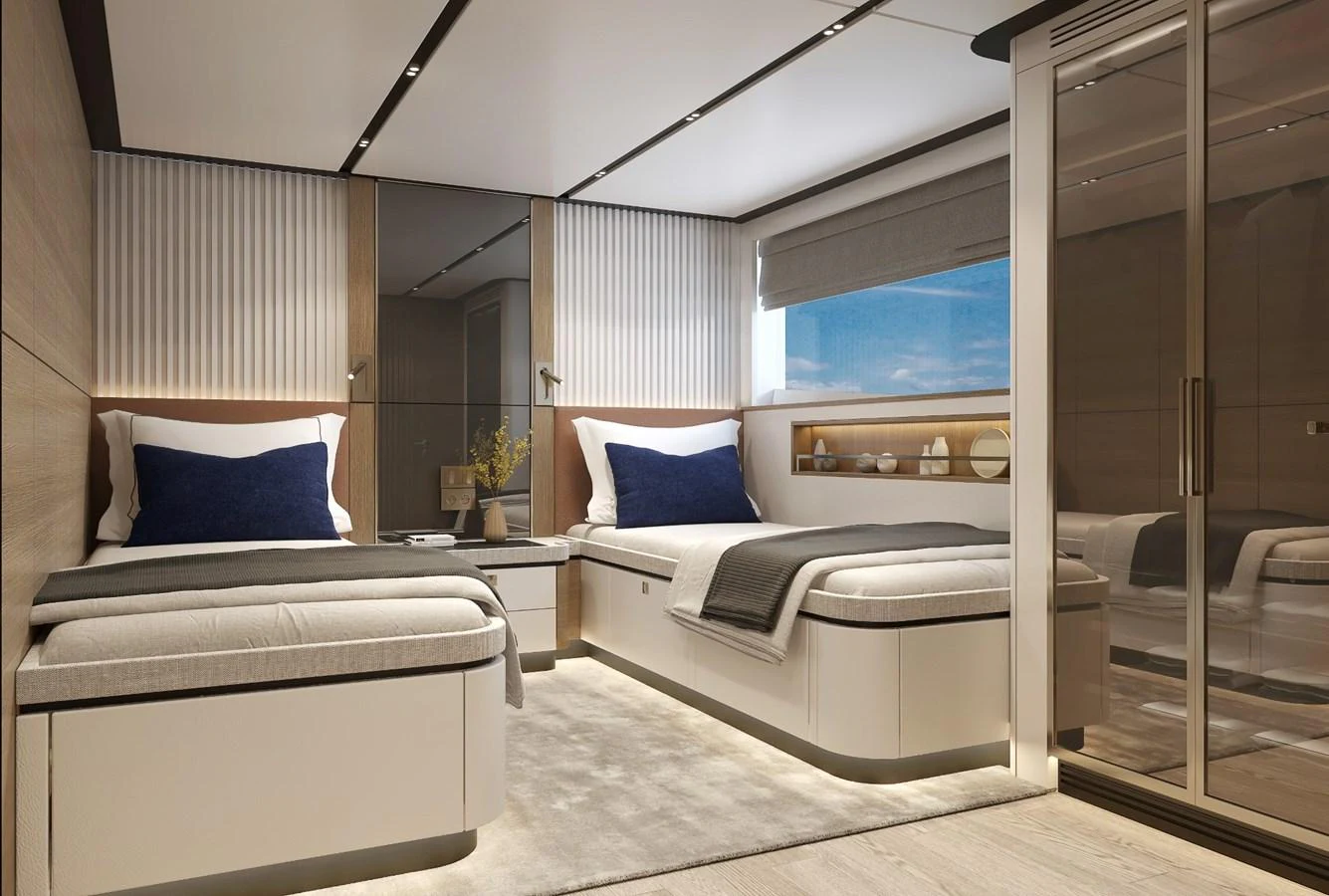 A modern twin stateroom featuring sleek design and ample natural light. aboard STELLARONE ST88/01 Yacht for Sale