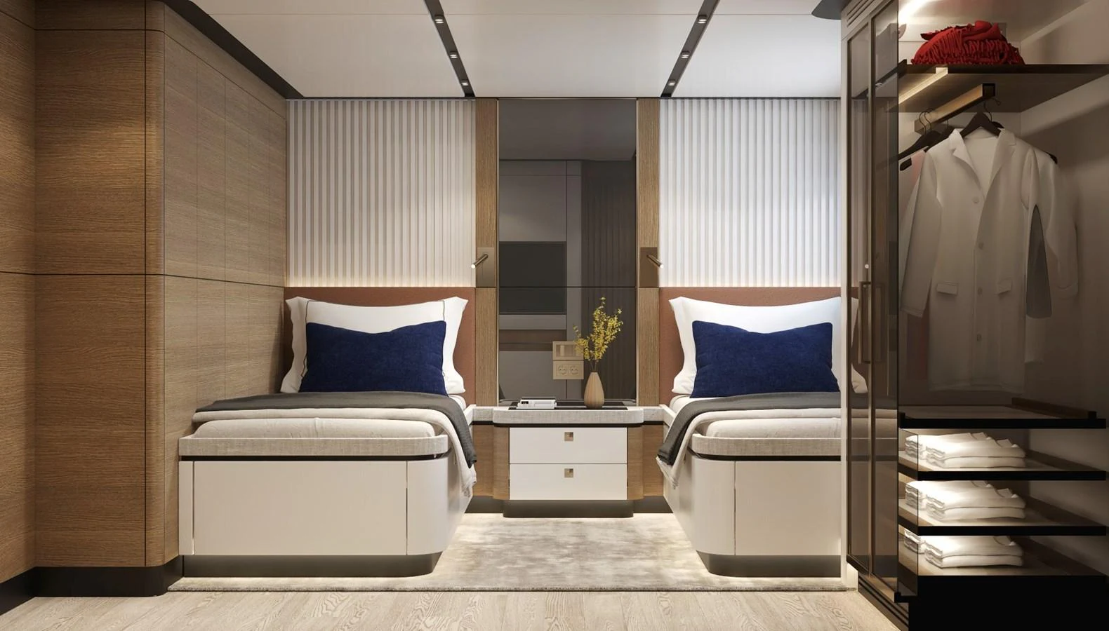 The guest stateroom features twin beds, elegant wood paneling, and ample storage space. aboard STELLARONE ST88/01 Yacht for Sale