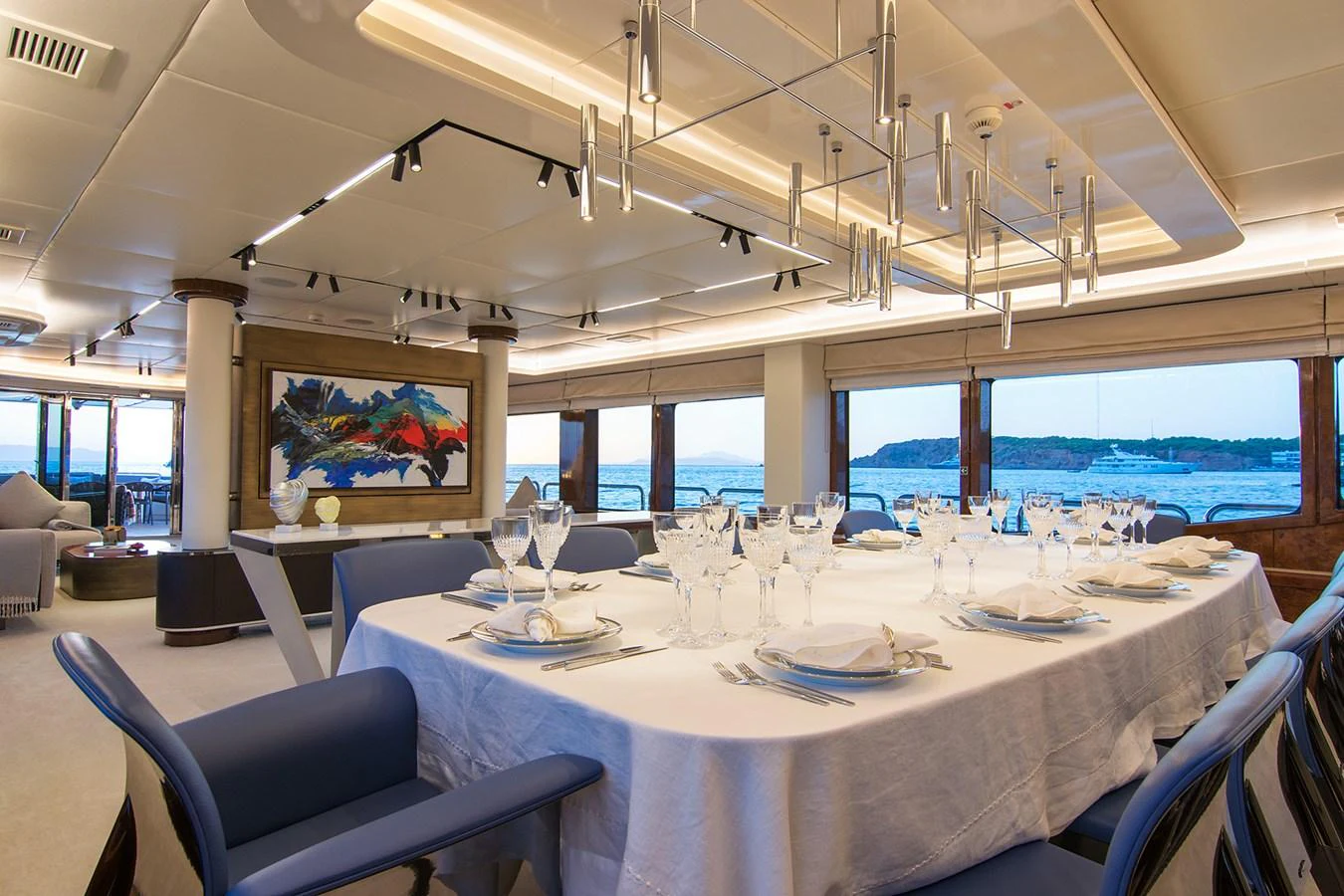 a table set for a dinner aboard HALLO Yacht for Sale