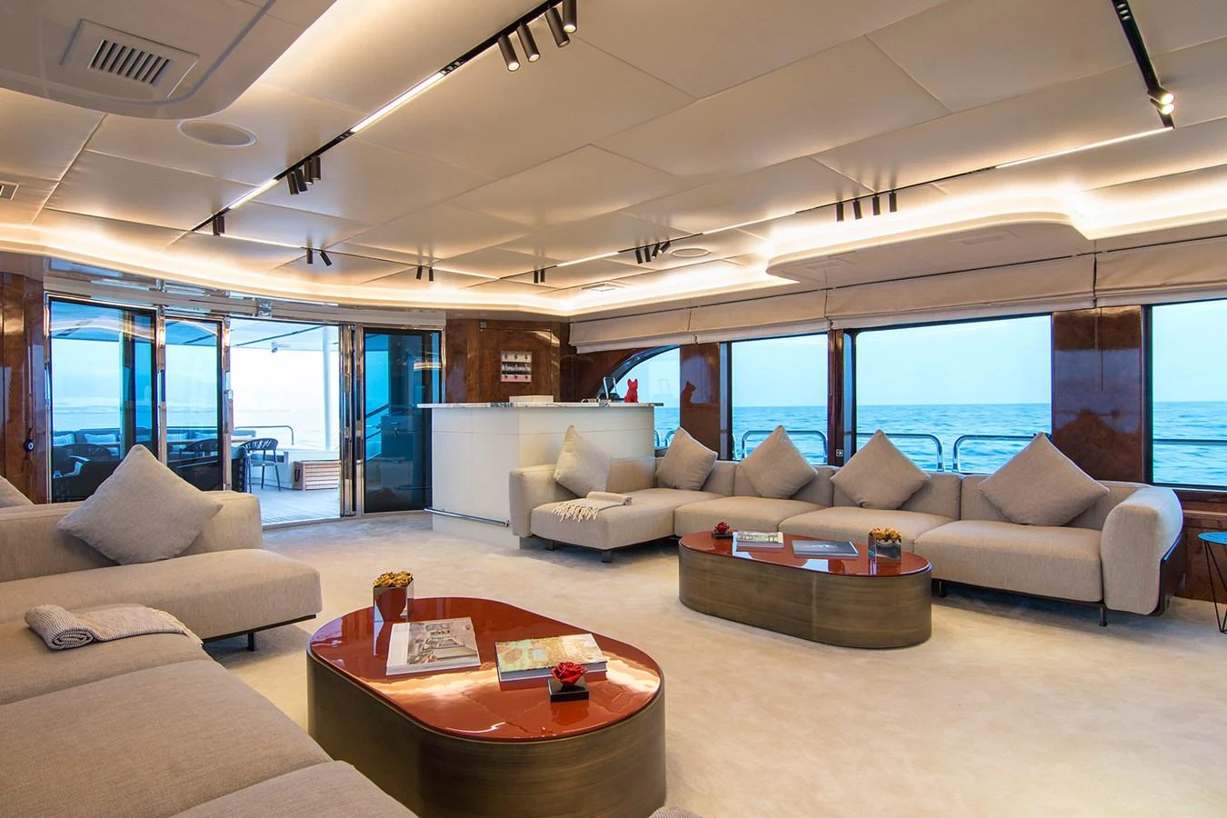 a living room with a large window aboard HALLO Yacht for Sale