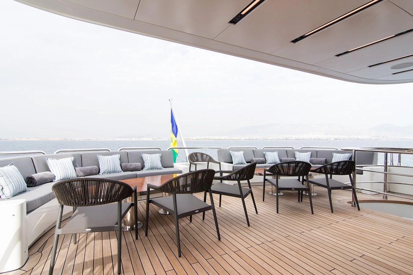 a room with tables and chairs aboard HALLO Yacht for Sale