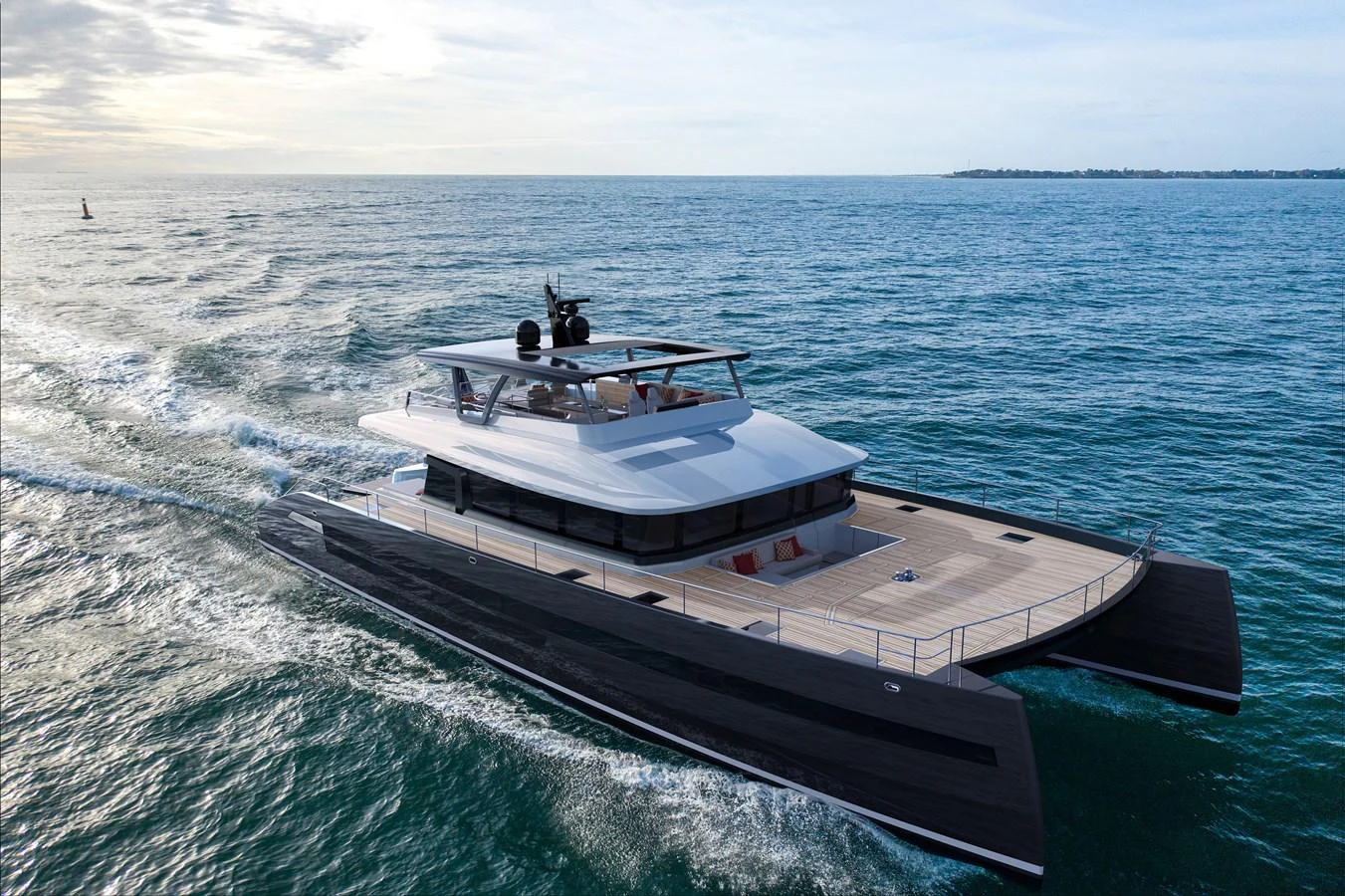 A sleek and modern yacht cruises through calm waters, showcasing its elegant design and spacious deck. aboard LONG ISLAND Yacht for Sale