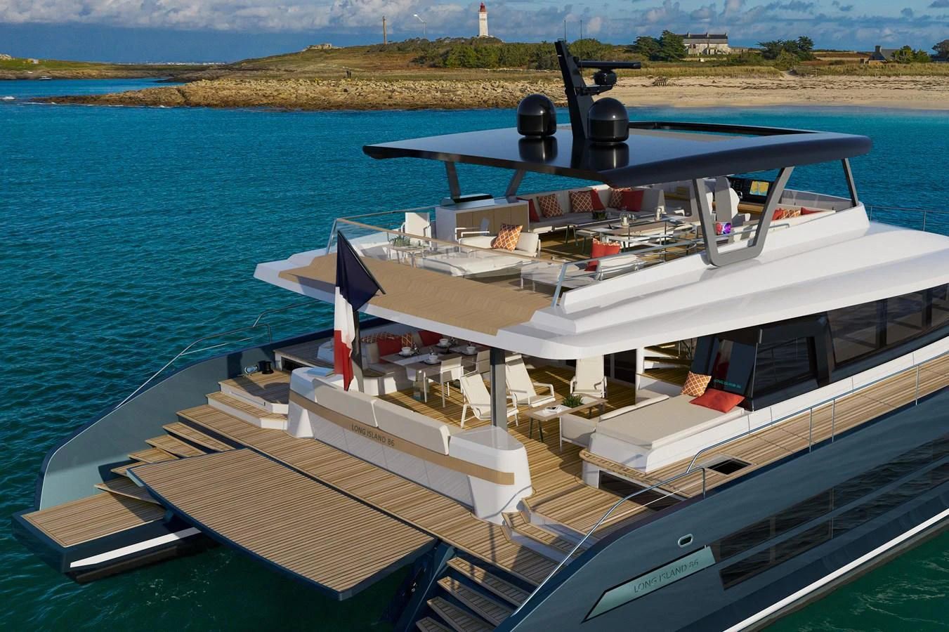 The yacht's aft deck features multiple lounging areas and a spacious swim platform, perfect for relaxation and water activities. aboard LONG ISLAND Yacht for Sale