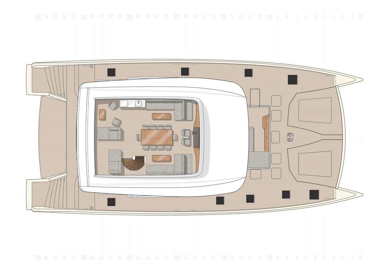 This image shows a detailed layout of the yacht's deck, highlighting various seating and functional areas. aboard LONG ISLAND Yacht for Sale