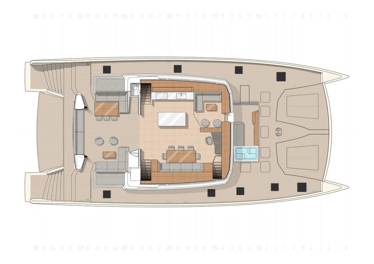 This image shows a detailed layout plan of the yacht's interior spaces. aboard LONG ISLAND Yacht for Sale