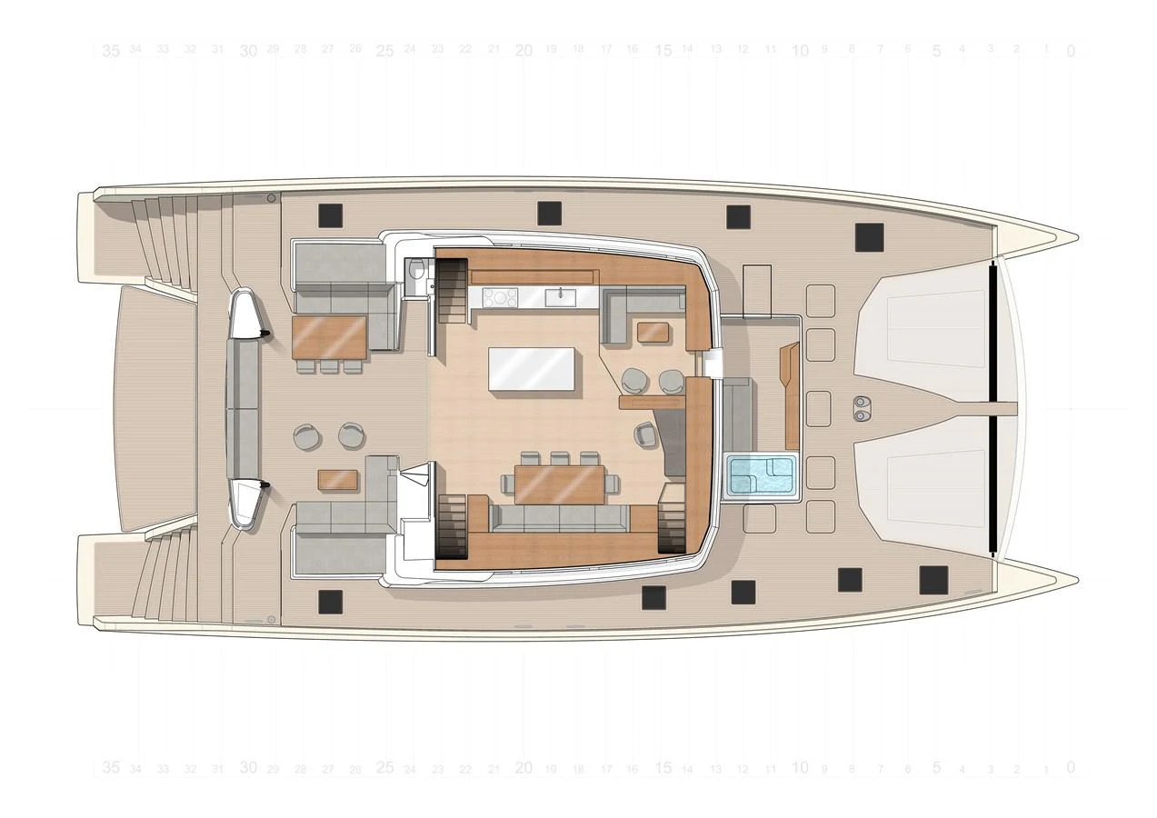 This image showcases the main deck layout of a luxurious yacht, highlighting spacious living and dining areas. aboard LONG ISLAND Yacht for Sale