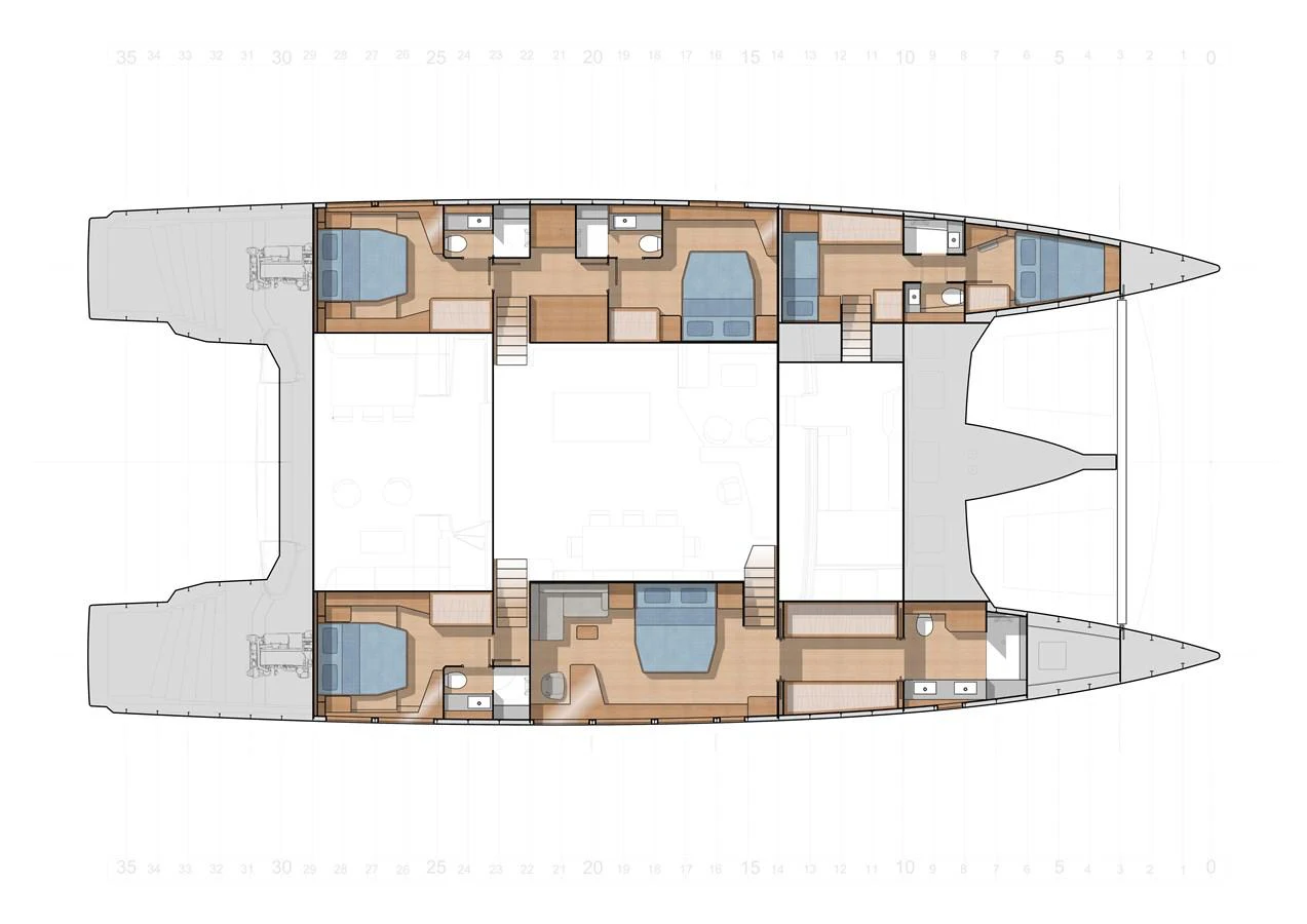 This image shows the detailed floor plan of a catamaran yacht, highlighting the layout of cabins and common areas. aboard LONG ISLAND Yacht for Sale