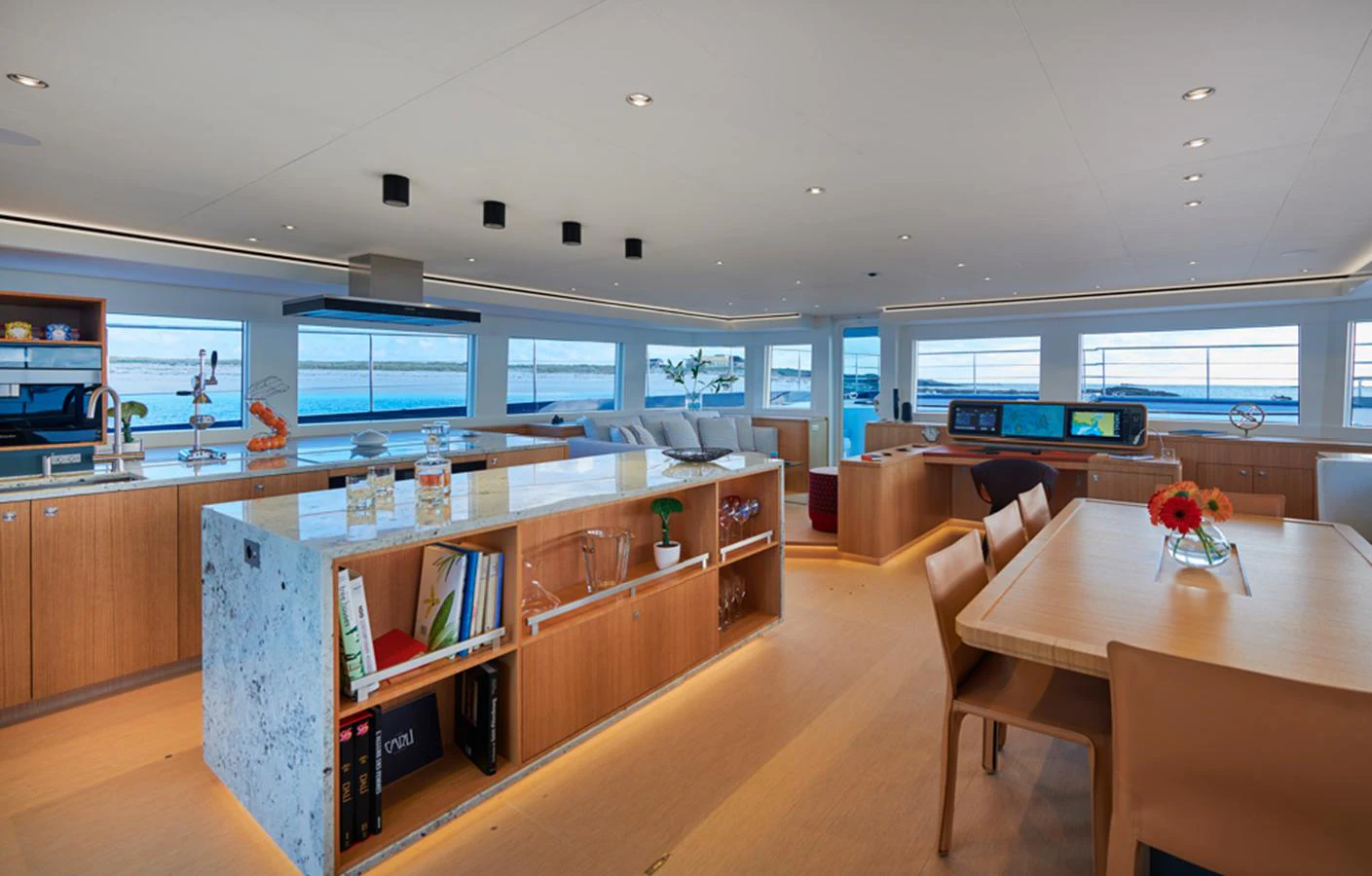 The yacht's galley features modern amenities and an open layout with ample natural light. aboard LONG ISLAND 78 Yacht for Sale