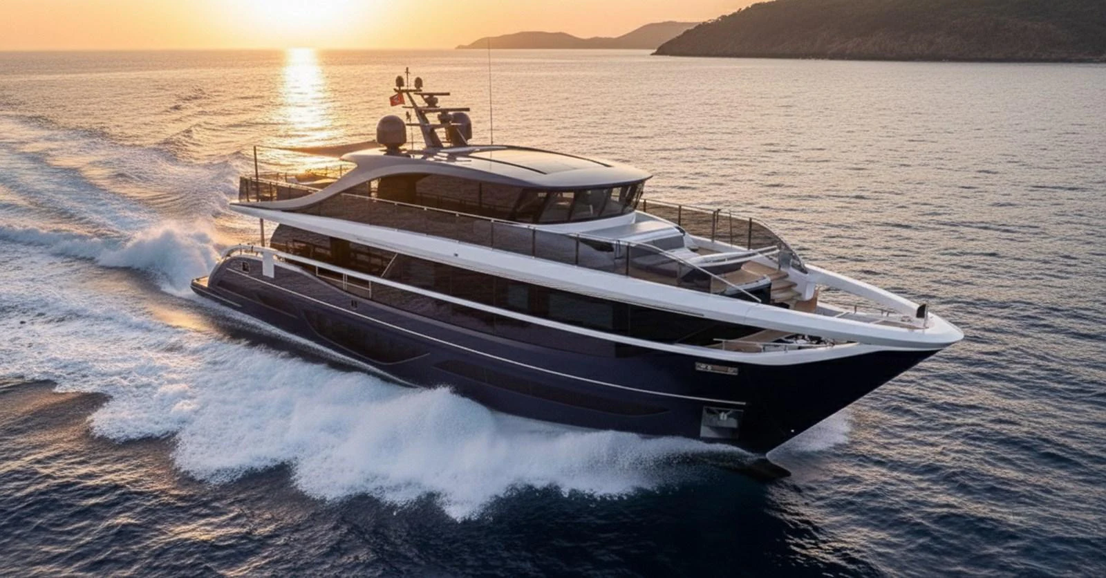 A sleek and modern yacht cruises through the water at sunset, showcasing its elegant design and luxurious features. aboard OCEAN THREE Yacht for Sale