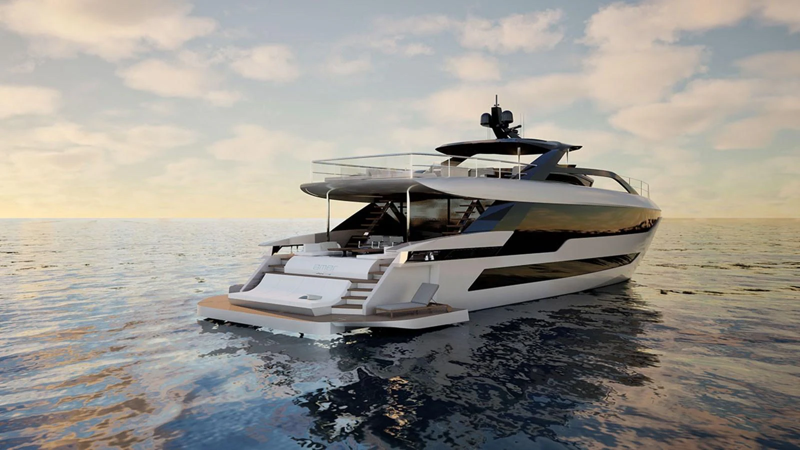 A sleek and modern yacht is anchored on calm waters during a serene sunset. aboard NEW Yacht for Sale