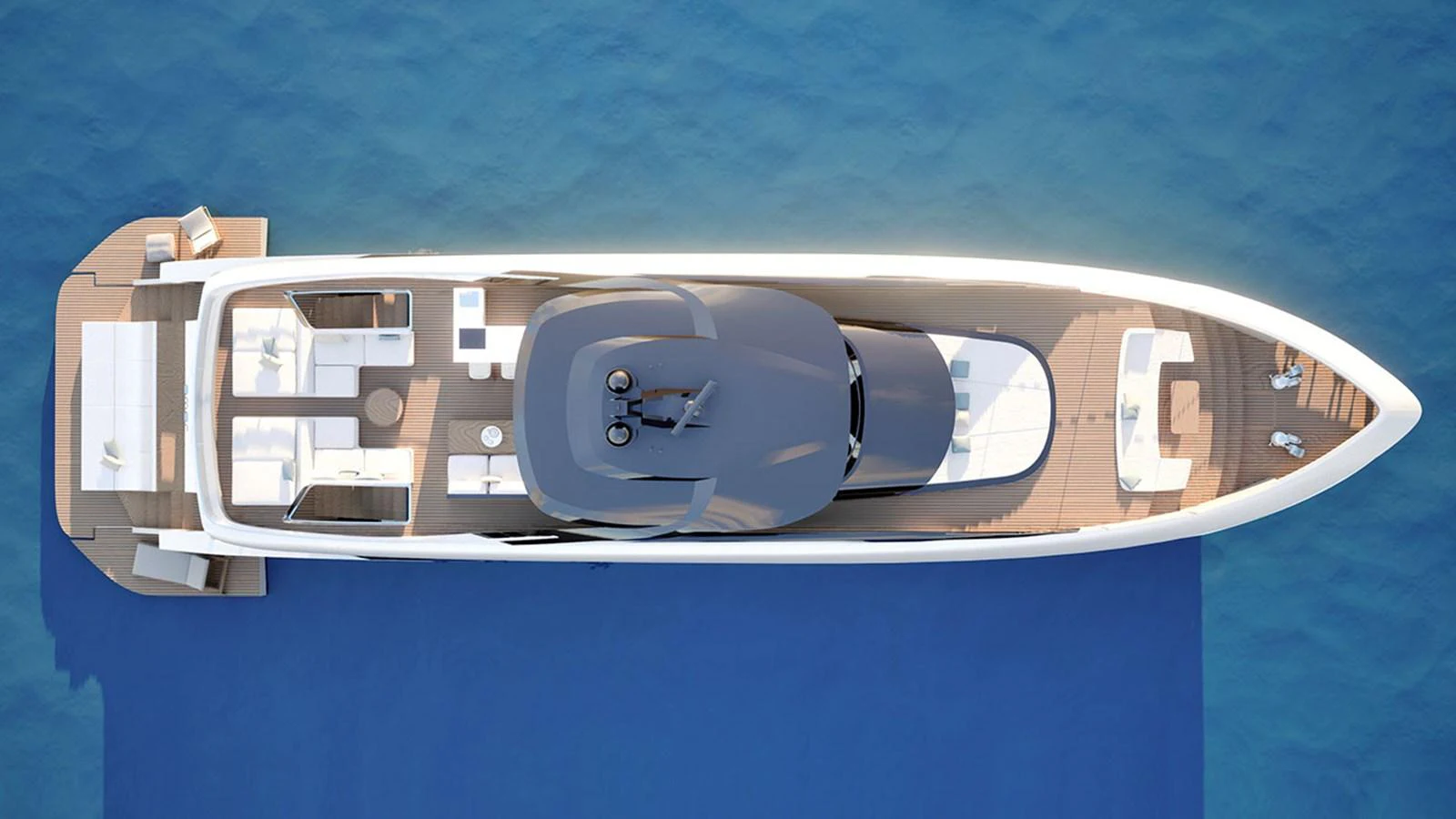 An aerial view of a sleek yacht showcasing its spacious deck layout and luxurious amenities. aboard NEW Yacht for Sale