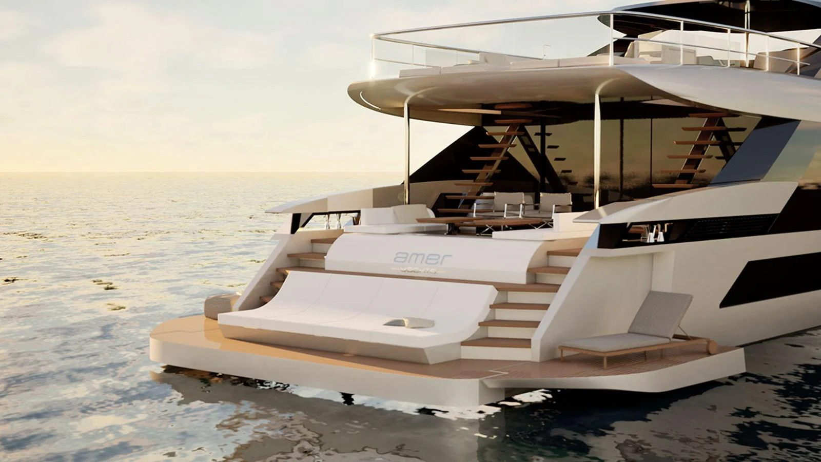 The yacht's aft deck features a luxurious lounging area with direct access to the water. aboard NEW Yacht for Sale