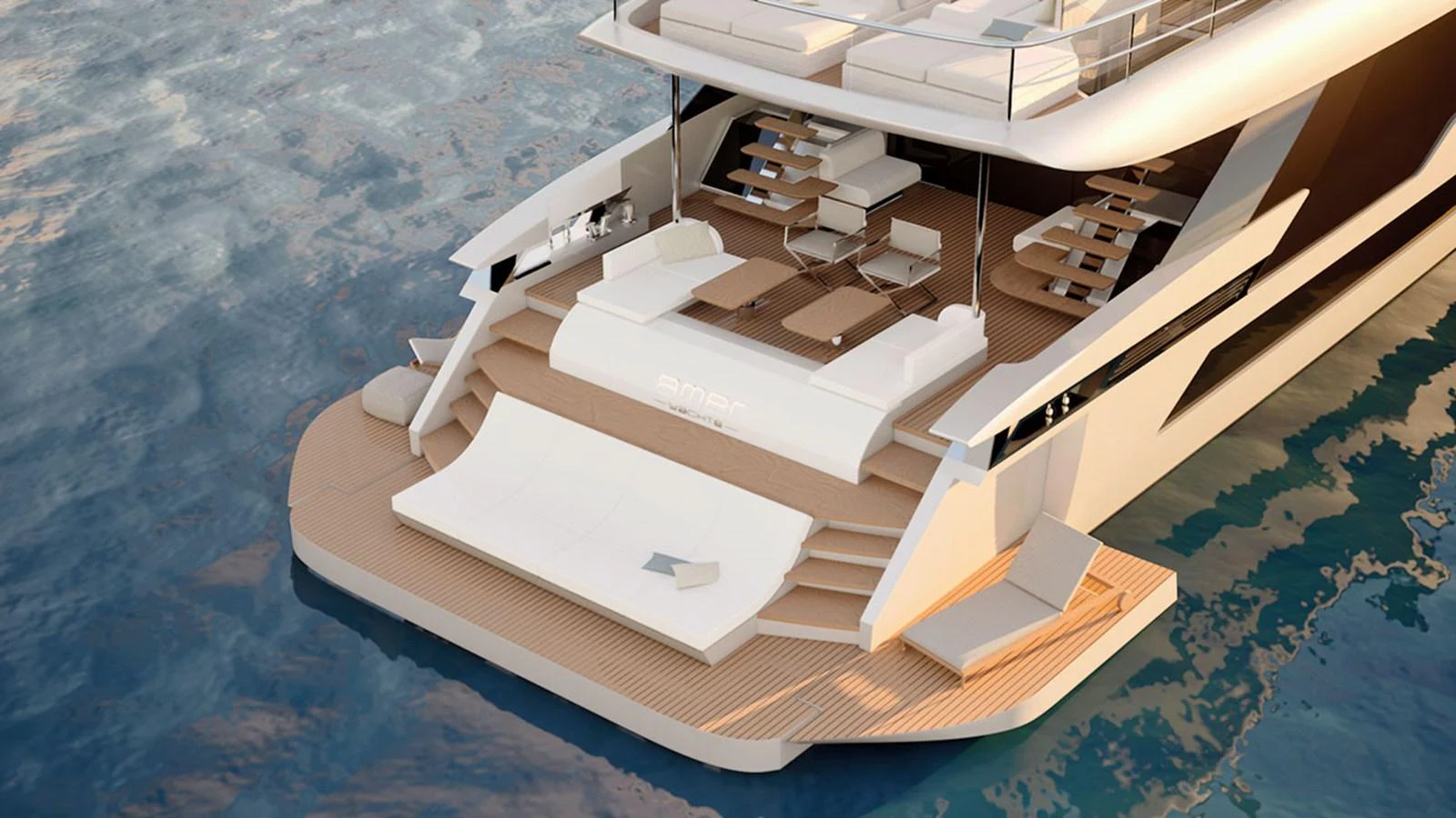 The yacht's aft deck features luxurious lounging areas and direct access to the water. aboard NEW Yacht for Sale