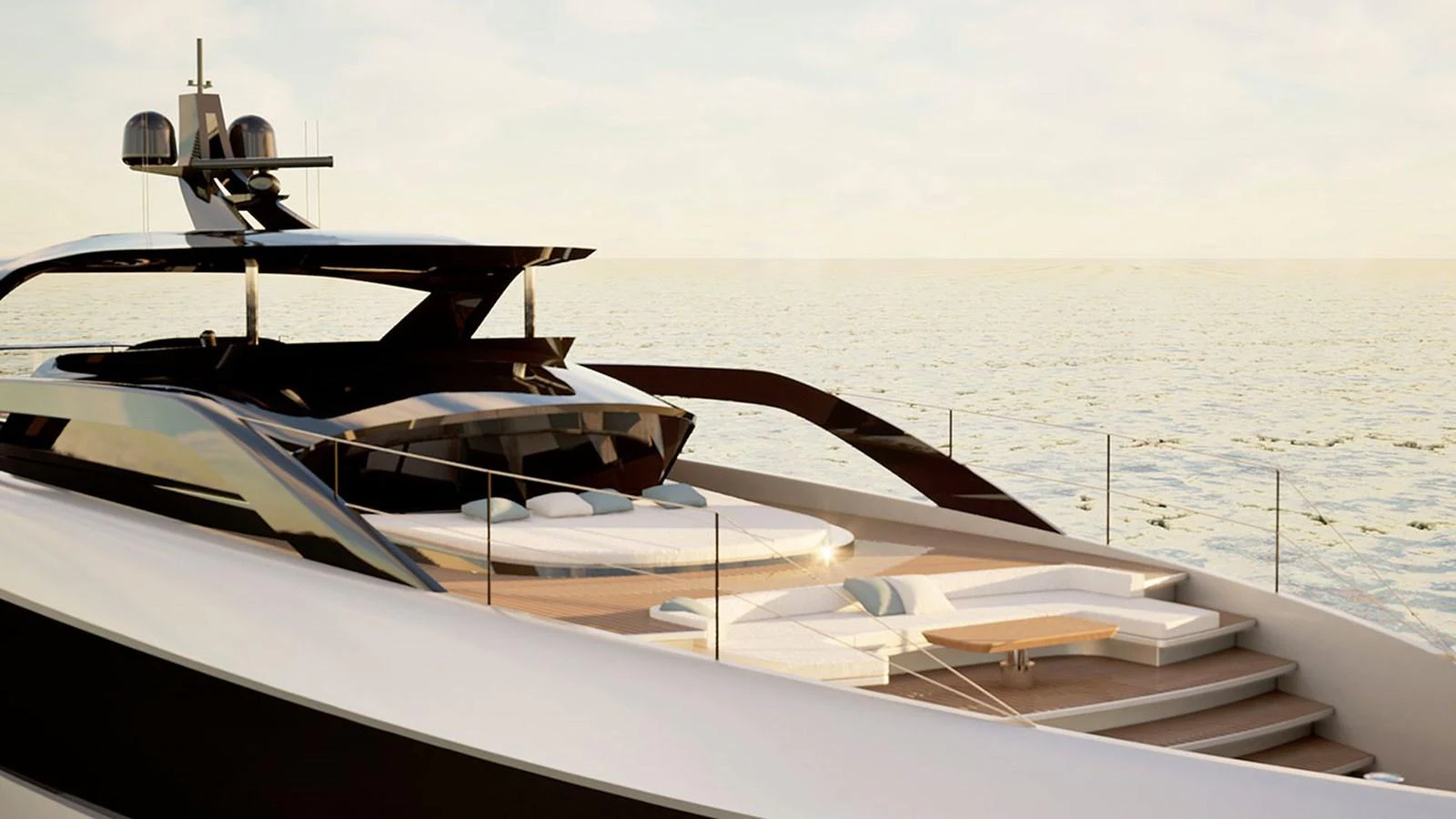 The yacht's sundeck offers luxurious lounging areas with a stunning ocean view. aboard NEW Yacht for Sale