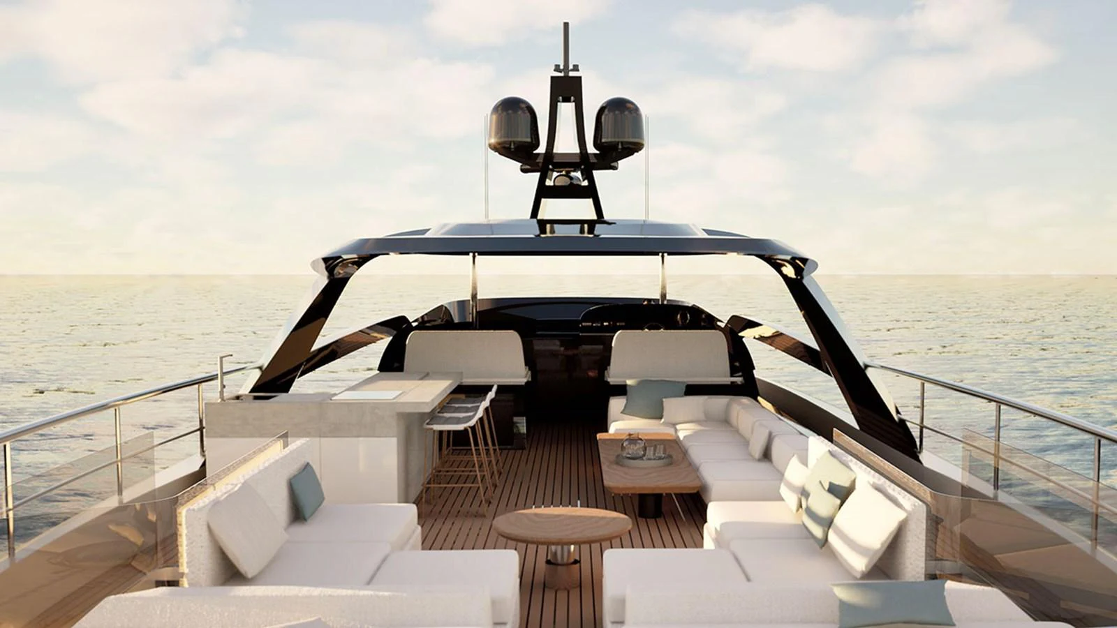The flybridge offers a spacious and luxurious outdoor seating area with panoramic ocean views. aboard NEW Yacht for Sale