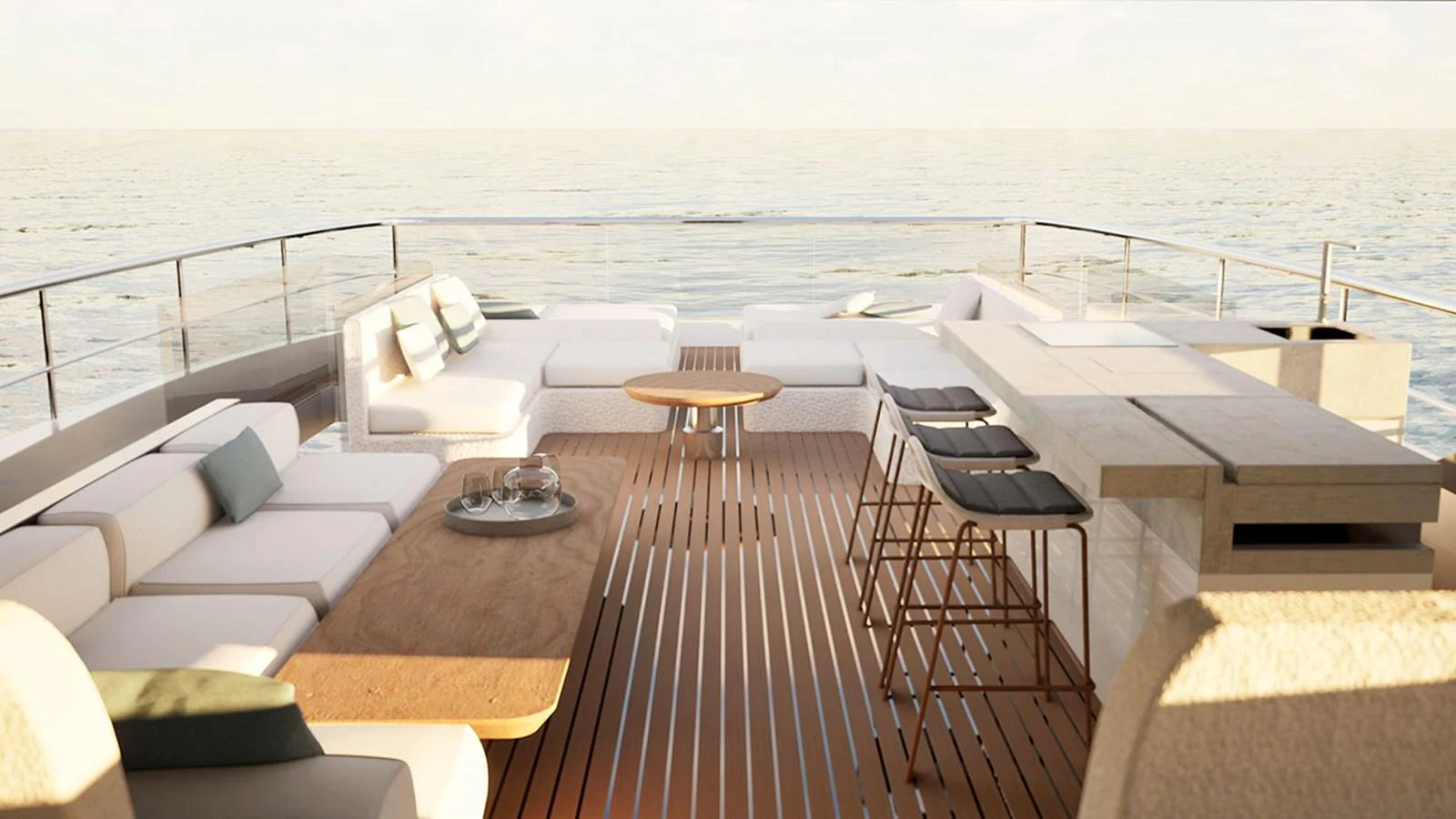 The aft deck features elegant seating and a stylish bar area, perfect for relaxing and entertaining while enjoying the ocean view. aboard NEW Yacht for Sale