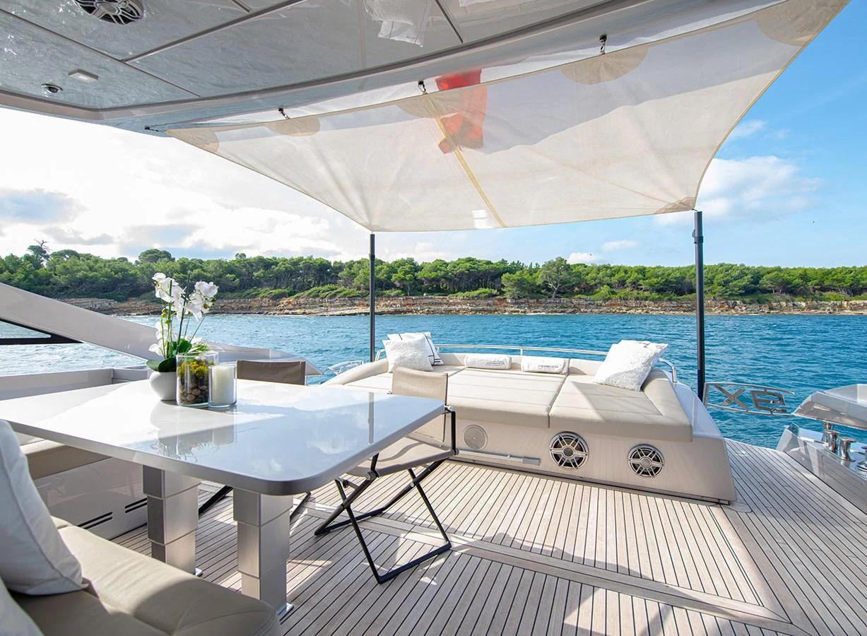The aft deck offers a luxurious outdoor dining and lounging area with stunning views of the water. aboard MAGIC OF AYR Yacht for Sale