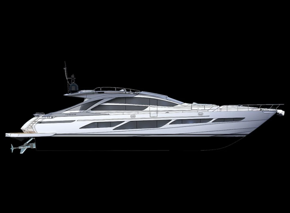 A sleek and modern yacht with a streamlined profile, showcasing its luxurious design against a black background. aboard MAGIC OF AYR Yacht for Sale