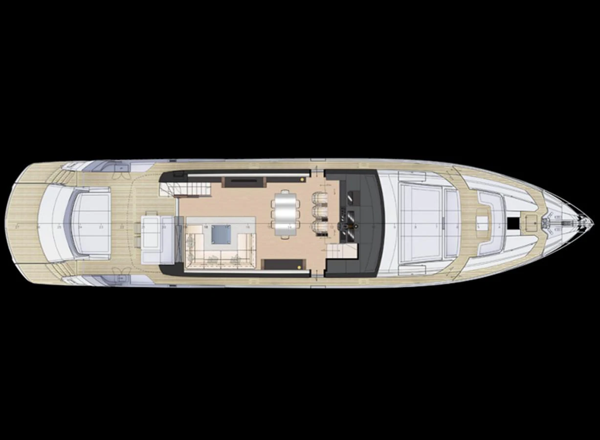 A detailed deck plan of a luxury yacht showcasing its layout from a top-down view. aboard MAGIC OF AYR Yacht for Sale