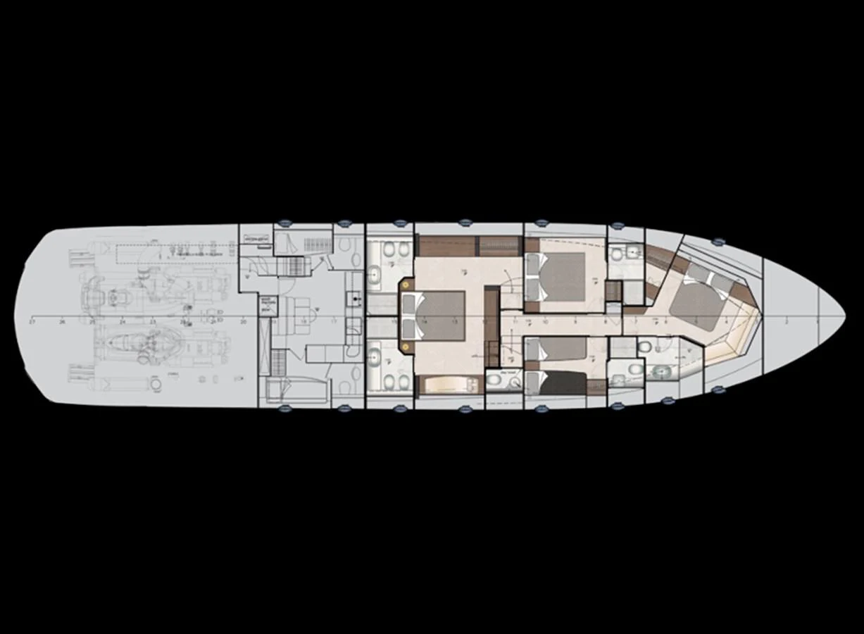 This image showcases the detailed deck plan of a luxury yacht, highlighting its layout and design. aboard MAGIC OF AYR Yacht for Sale
