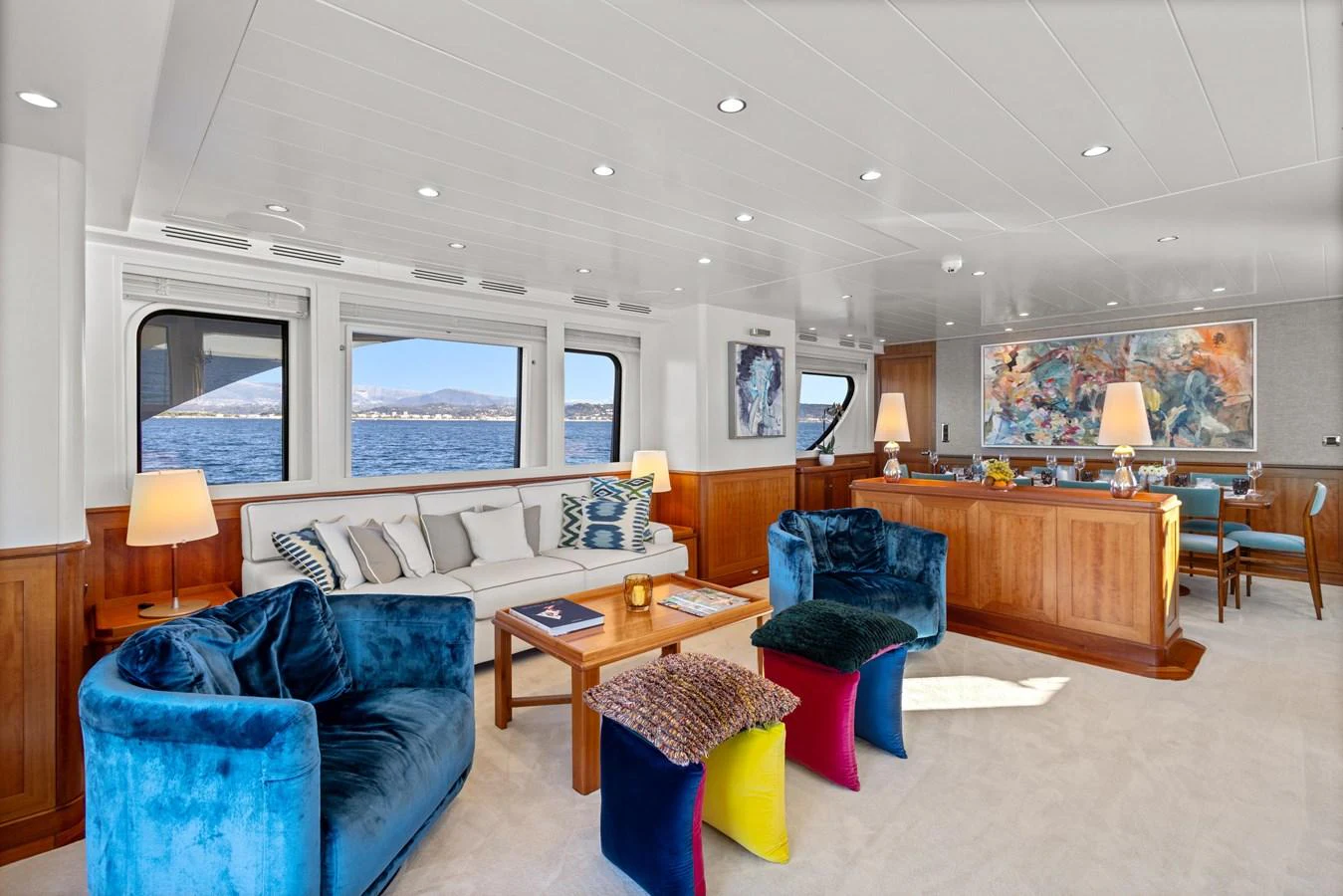 a living room with a couch and a coffee table aboard ARCHIPELAGO Yacht for Sale