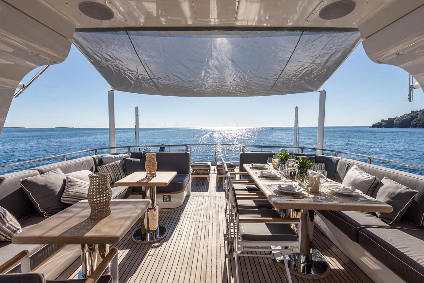 a deck with a view of the ocean and the ocean aboard ARCHIPELAGO Yacht for Sale