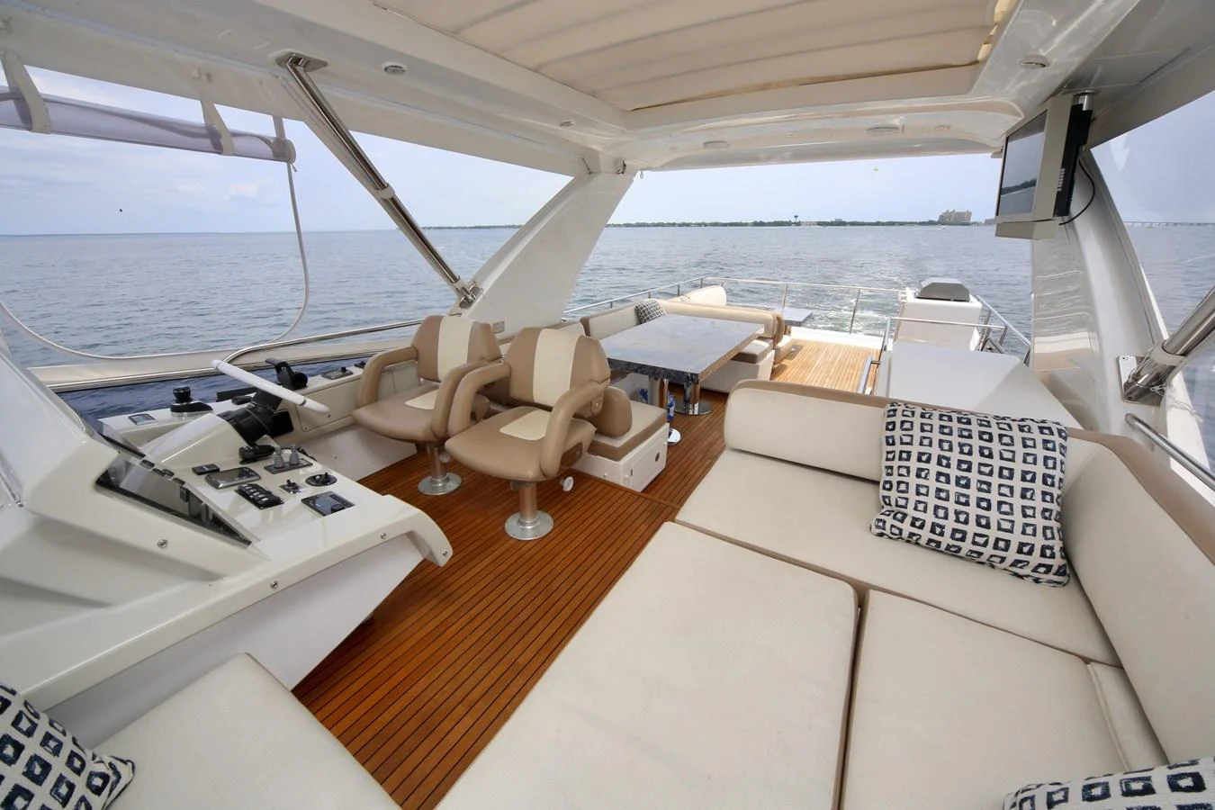 The flybridge offers a spacious and comfortable area with ample seating and a helm station, perfect for enjoying the open sea views. aboard KIKI Yacht for Sale