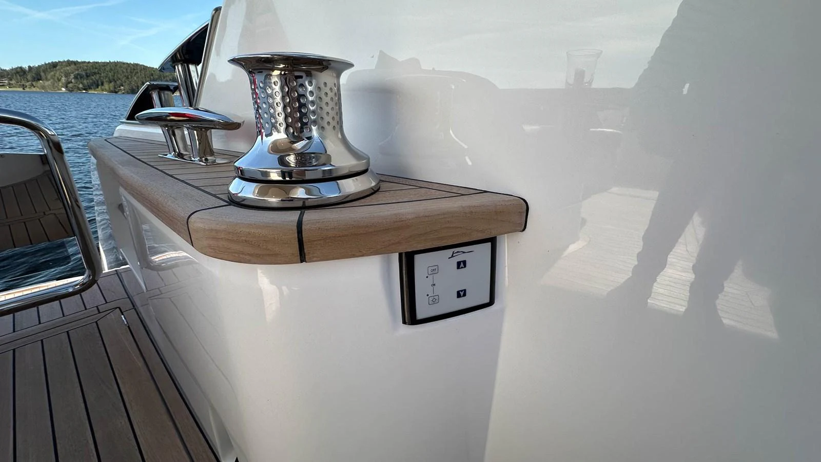 A close-up view of a yacht's deck winch and control panel, showcasing the quality materials and craftsmanship. aboard PRINCESS F65 Yacht for Sale
