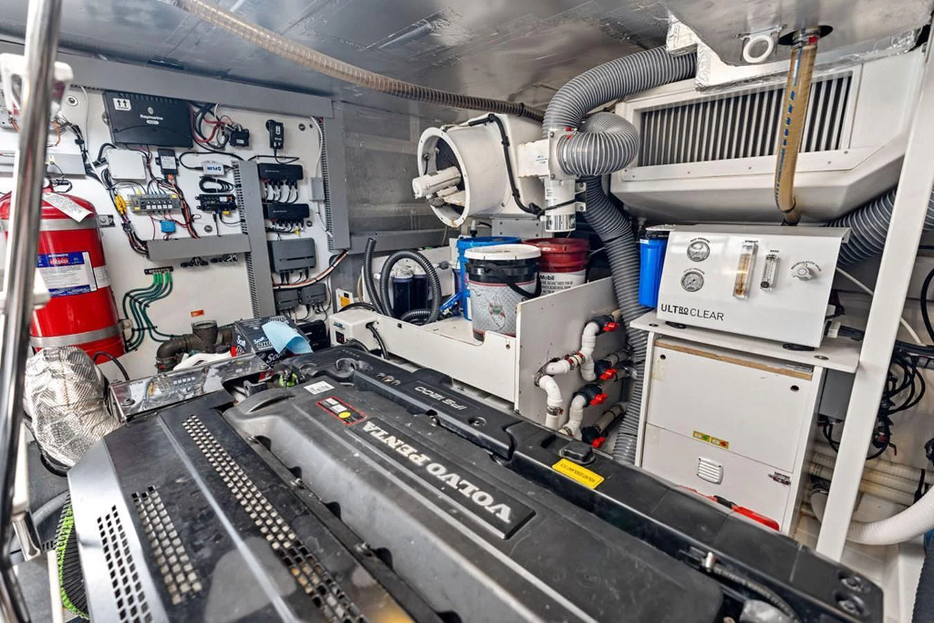 The engine room is equipped with advanced machinery and well-organized systems. aboard JOVE Yacht for Sale