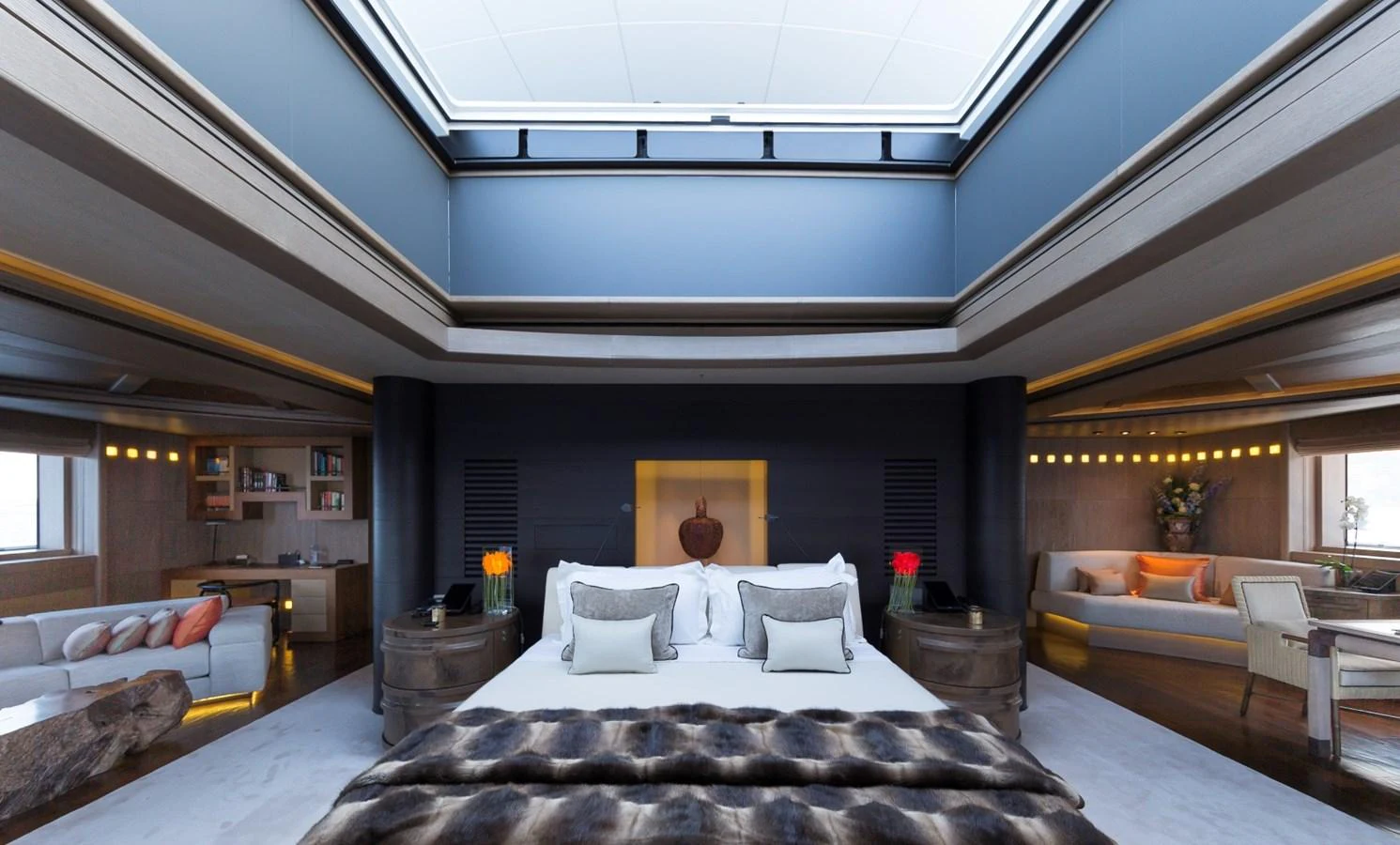 The master stateroom exudes luxury with its spacious design and elegant decor. aboard LUNA Yacht for Sale