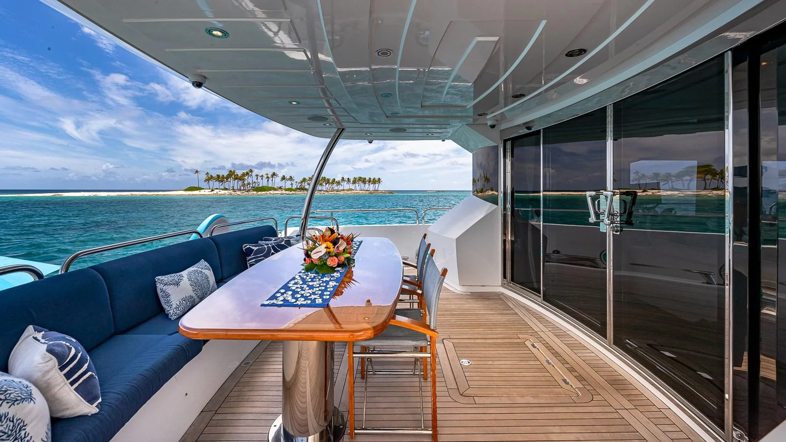 a table on a boat aboard EMRYS Yacht for Sale