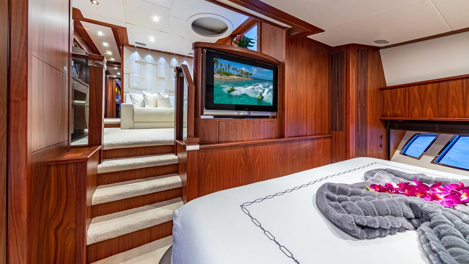 a bed in a room aboard EMRYS Yacht for Sale