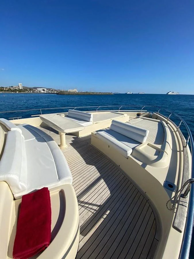 The foredeck features spacious sun loungers with a stunning ocean view. aboard CARAMEL Yacht for Sale