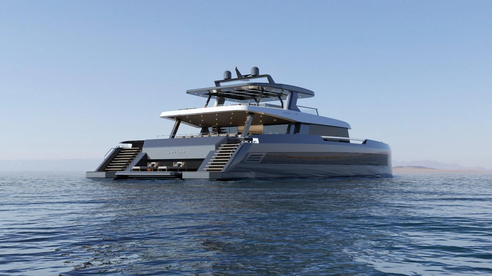 A sleek and modern yacht is anchored on calm waters, showcasing its elegant design and spacious deck areas. aboard MOON YACHT 100 Yacht for Sale