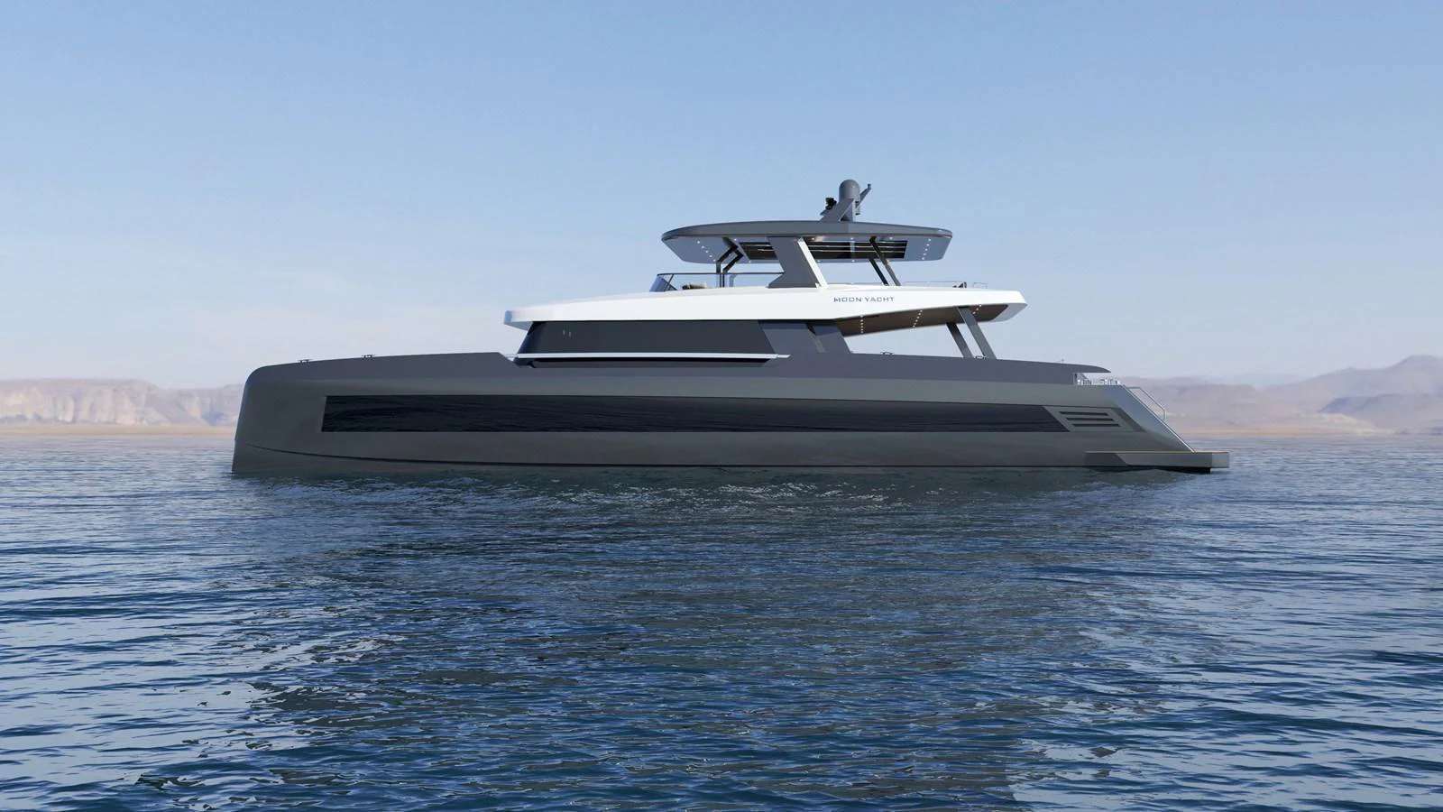 A sleek and modern yacht glides gracefully on calm waters under a clear sky. aboard MOON YACHT 100 Yacht for Sale