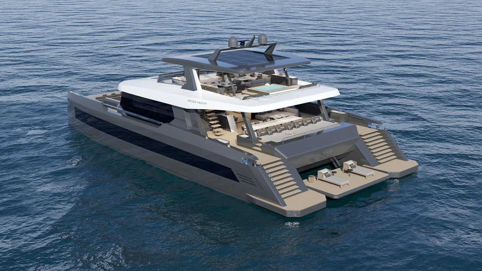 A sleek and modern yacht with multiple decks and ample outdoor lounging areas, cruising on calm waters. aboard MOON YACHT 100 Yacht for Sale