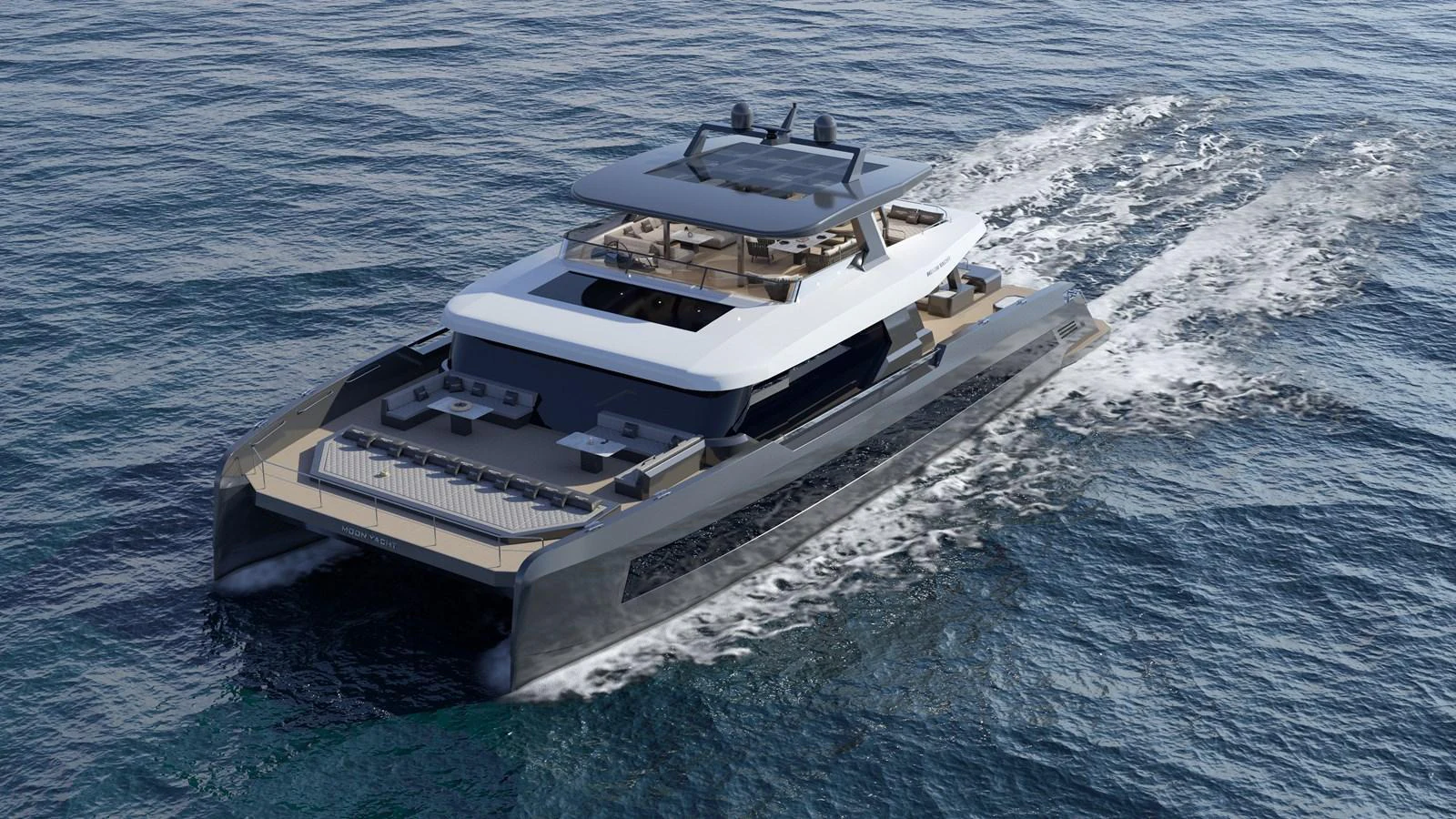 A sleek, modern yacht cruises through the open water, showcasing its elegant design and spacious decks. aboard MOON YACHT 100 Yacht for Sale