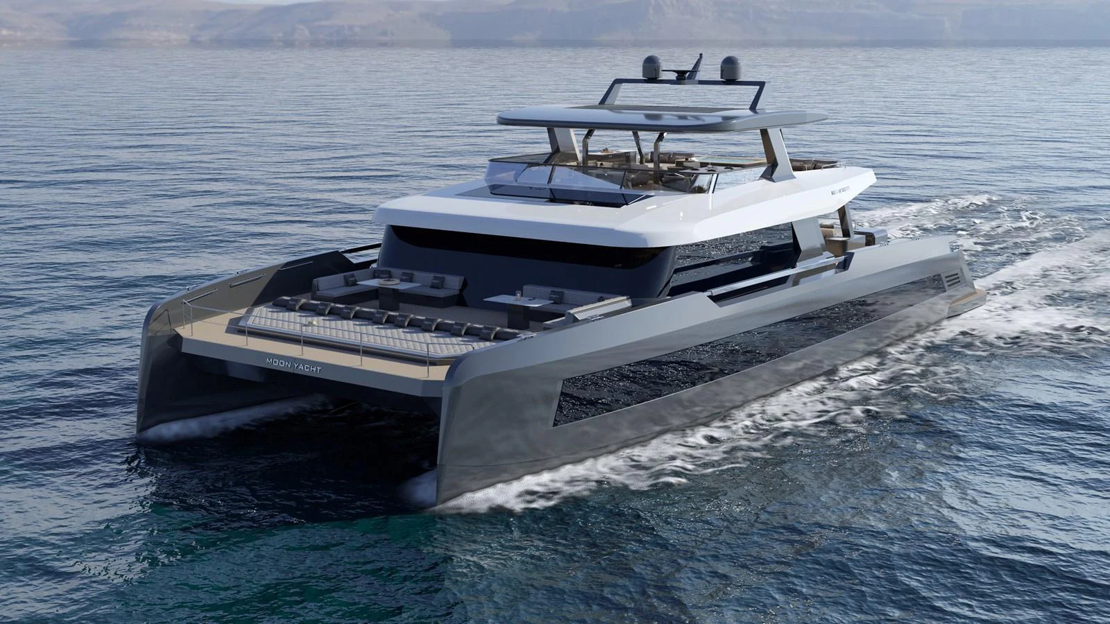 A sleek and modern catamaran yacht glides through calm waters, showcasing its luxurious design and spacious deck areas. aboard MOON YACHT 100 Yacht for Sale