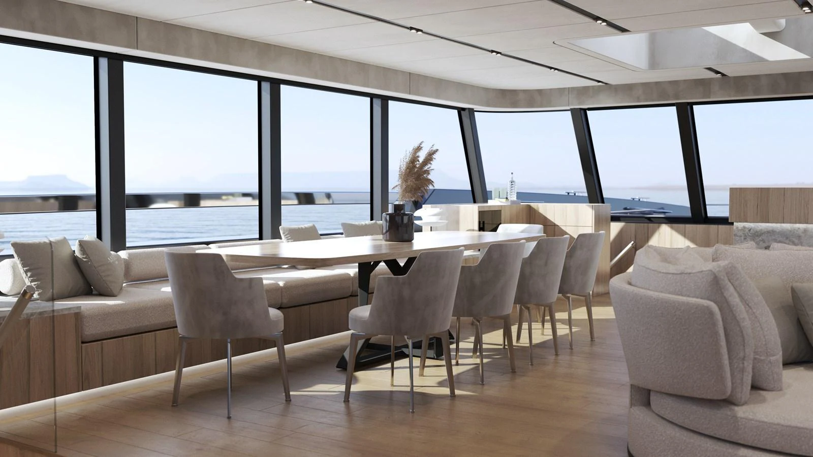 The yacht's dining area features a long table with plush seating and panoramic windows offering stunning sea views. aboard MOON YACHT 100 Yacht for Sale