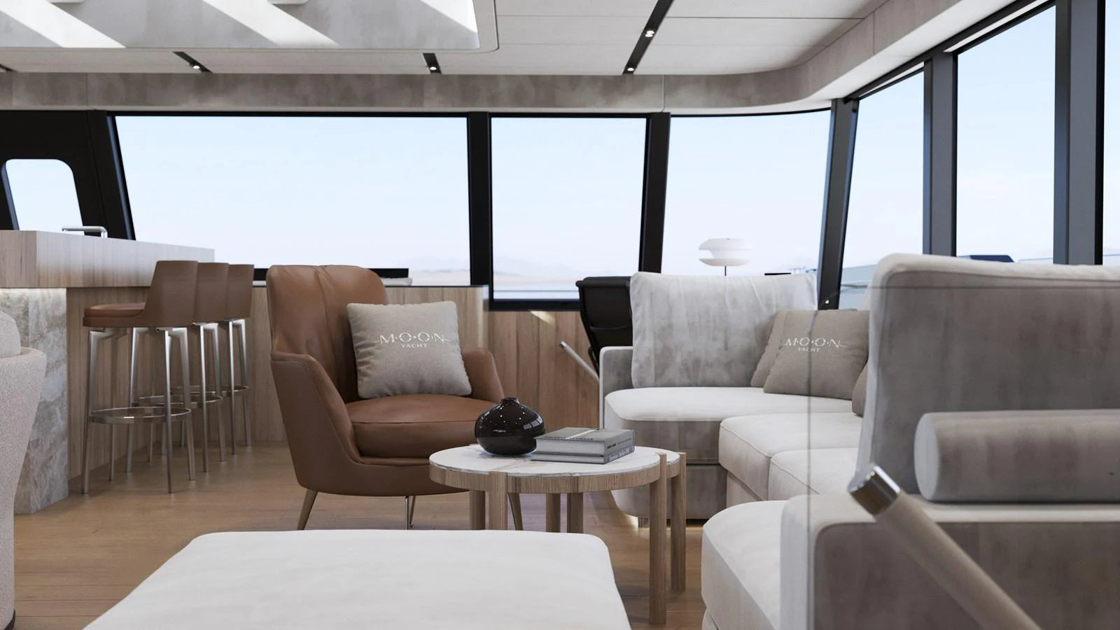 The salon features modern furnishings with ample natural light through large windows. aboard MOON YACHT 100 Yacht for Sale
