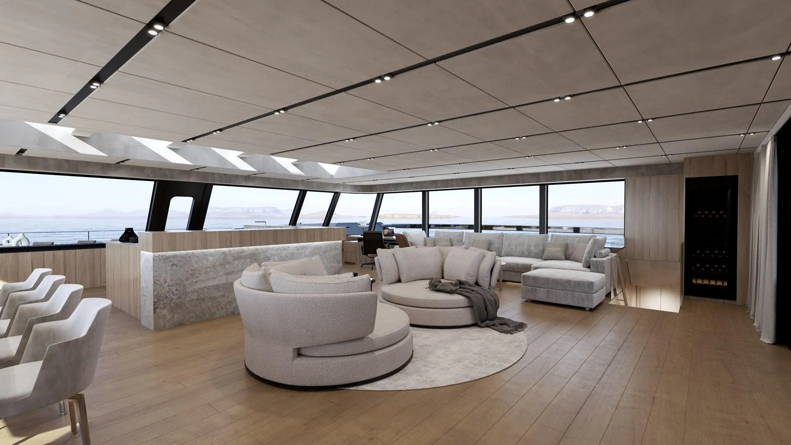 The spacious salon features modern furnishings and panoramic windows for a luxurious and comfortable experience. aboard MOON YACHT 100 Yacht for Sale