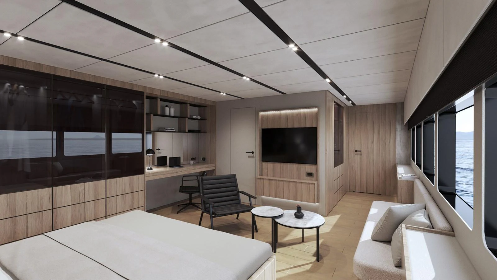 The master stateroom boasts a spacious and modern design with ample natural light. aboard 2027 MOON YACHT 100 SAIL Yacht for Sale